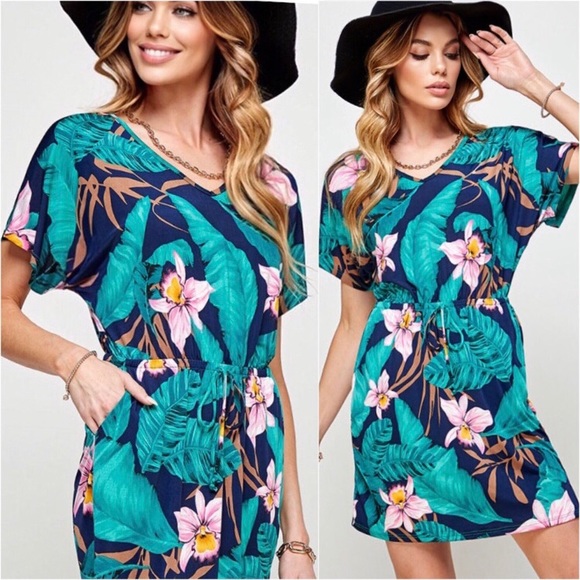 LAST ONE: Navy tropical print pocket dress - Picture 3 of 5